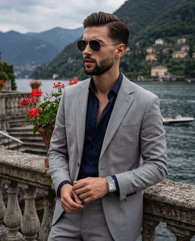Elegant man in grey suit poses by lakeside terrace with red flowers