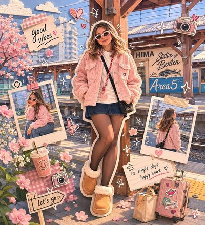 Stylish girl in pink jacket waits at golden hour station