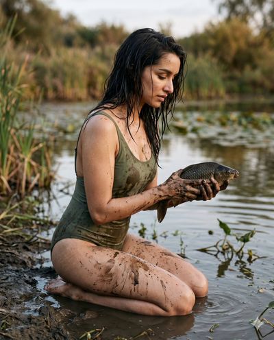 Cinematic Portrait of Woman Holding Fish at Muddy Pond Edge
