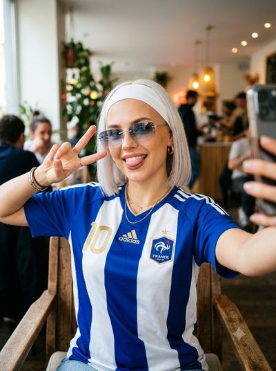 Woman in striped jersey flashes peace sign and tongue