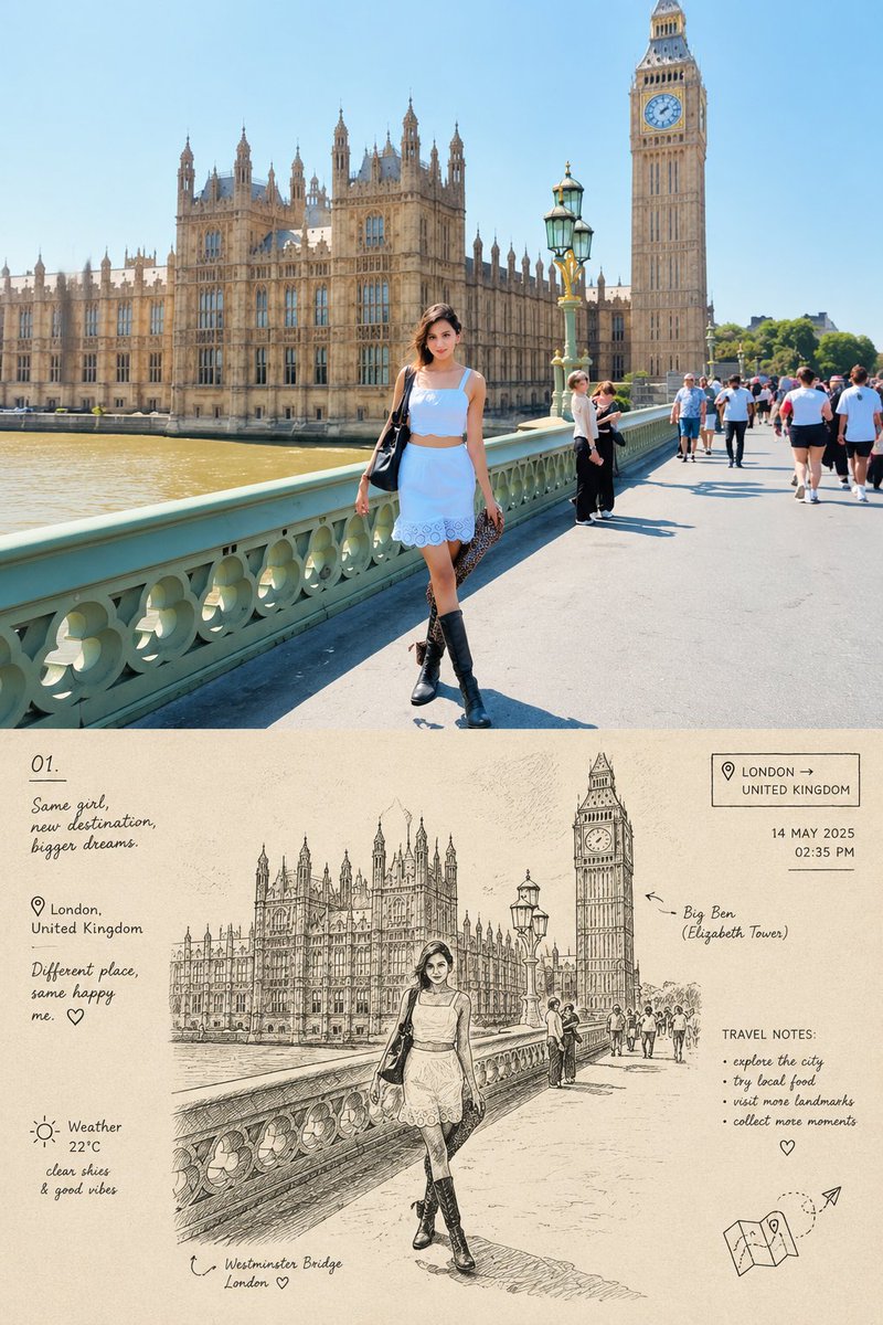 Waterfront Traveler Poses as Ink Sketch Below Photo