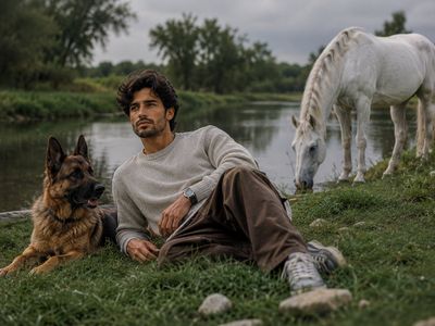 Man relaxes by river with German Shepherd and white horse