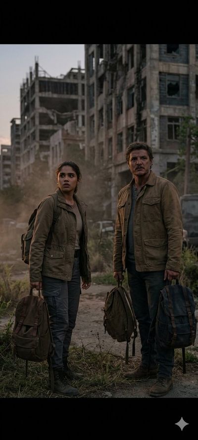 A young woman and Joel navigate a ruined city street