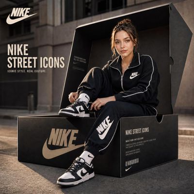 A stylish woman ties her Nike sneaker inside a giant shoebox.