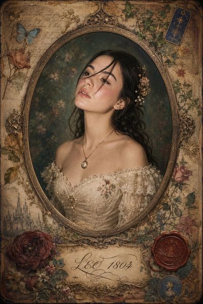 A Victorian noblewoman gazes softly from an aged oval portrait