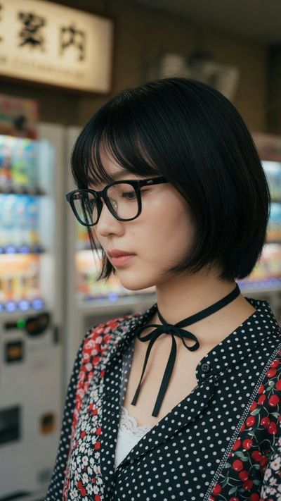 Young woman in black glasses gazes downward in softly lit room