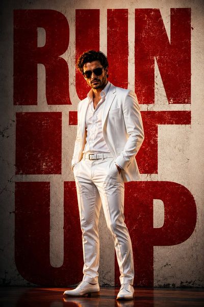 Confident man in white suit poses before gritty red graffiti wall