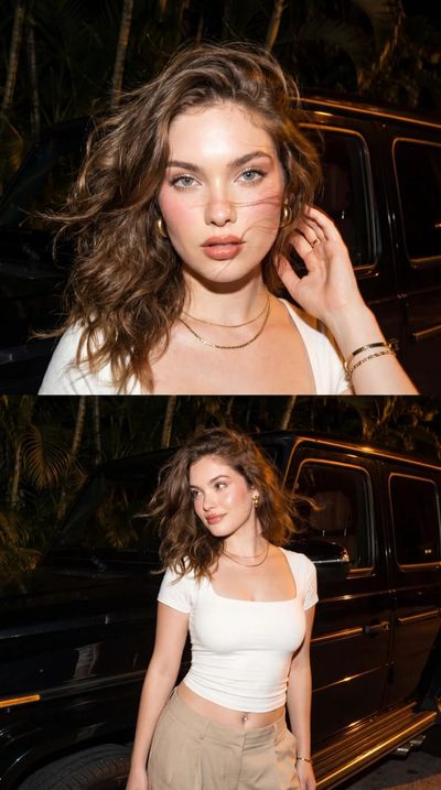 Luxury night portrait beside a glossy black G-Wagon with windblown hair