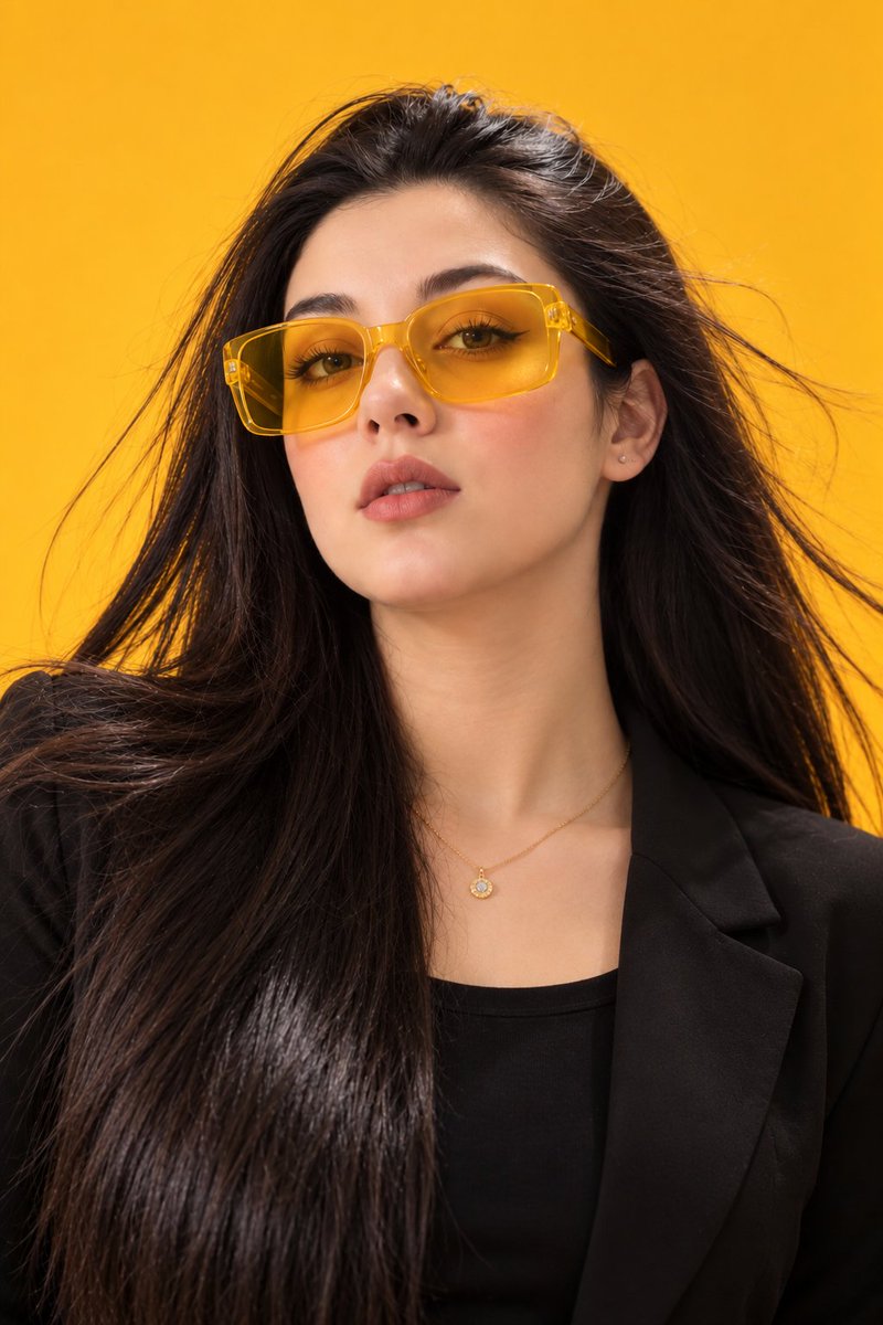 Confident woman in yellow sunglasses poses against mustard backdrop