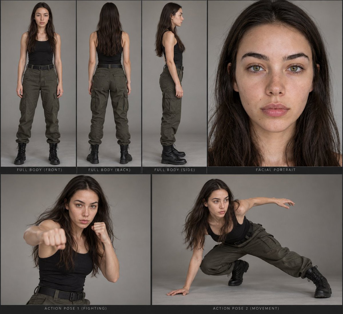 Cinematic Character Sheet Reveals Exact Identity in Six Dynamic Panels