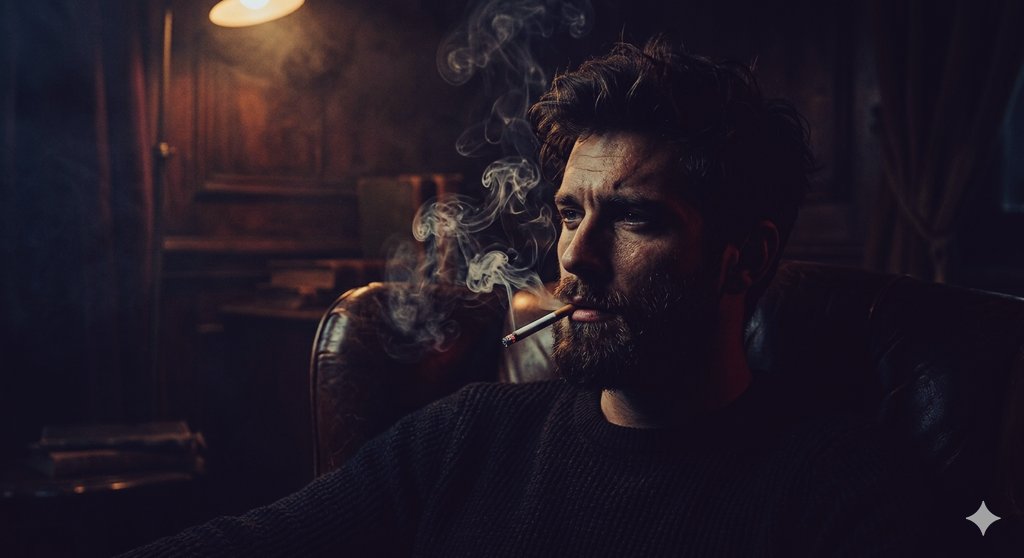 A bearded man sits in shadows under a single warm spotlight.