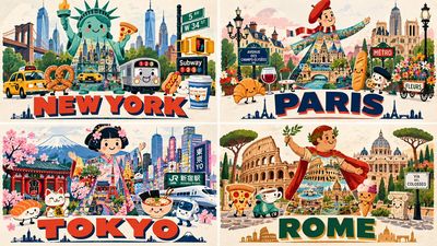 City mascot in collage costume surrounded by kawaii icons
