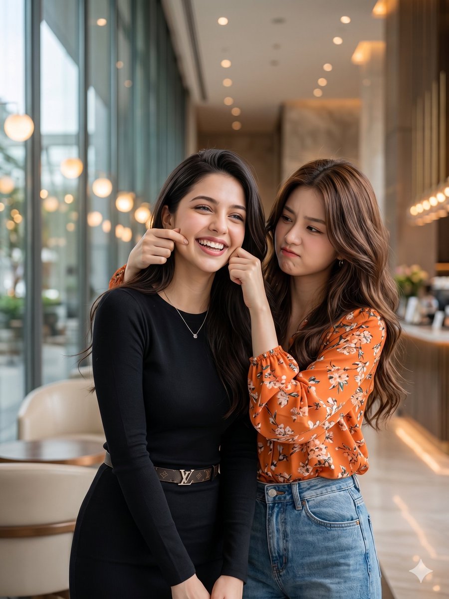 Two women share a playful moment in a sunlit café lounge