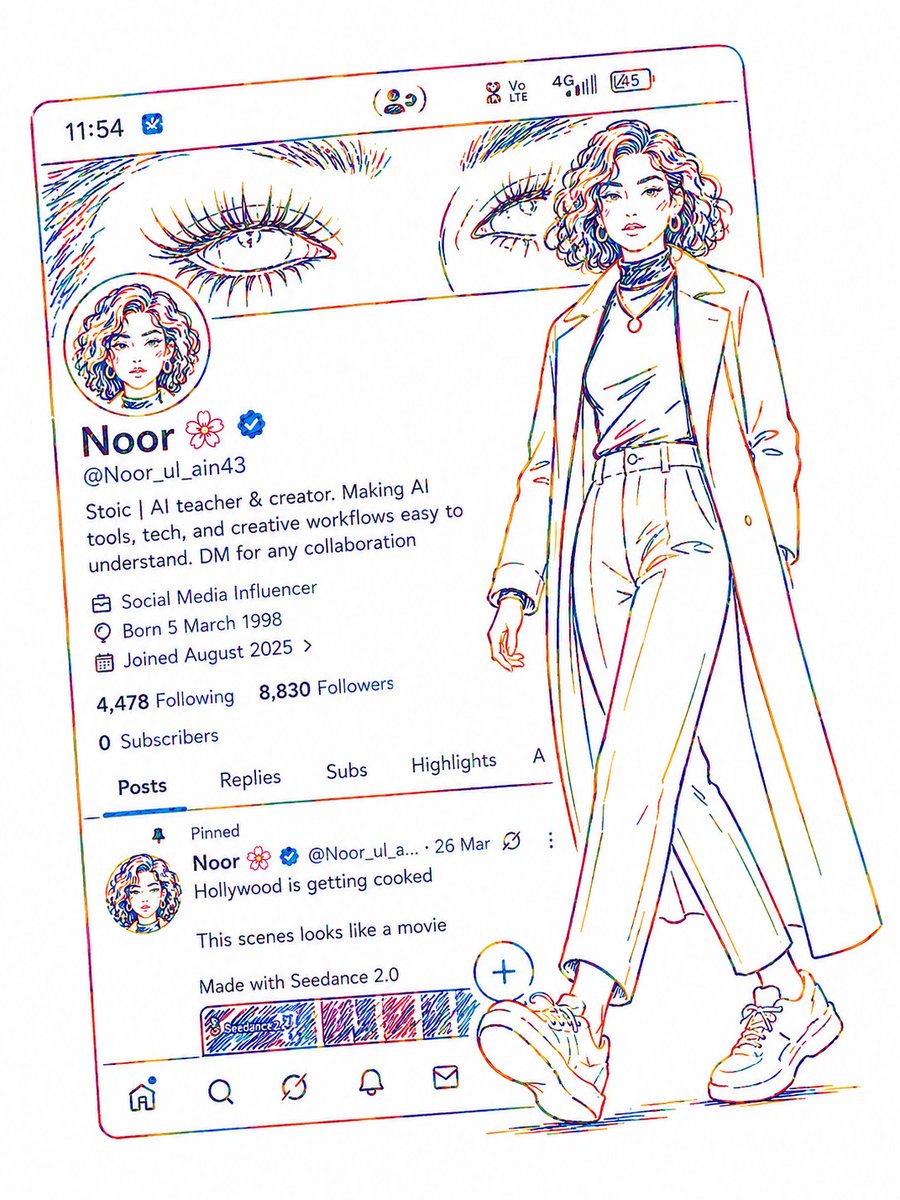Neon line-art female creator walks beside futuristic profile UI