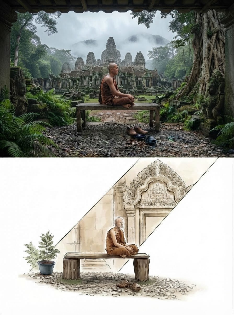 Photorealistic ruins split with watercolor sketch in vertical composition