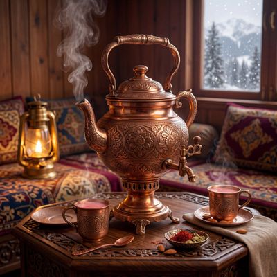 A handcrafted copper samawar glows with warm saffron tones in winter