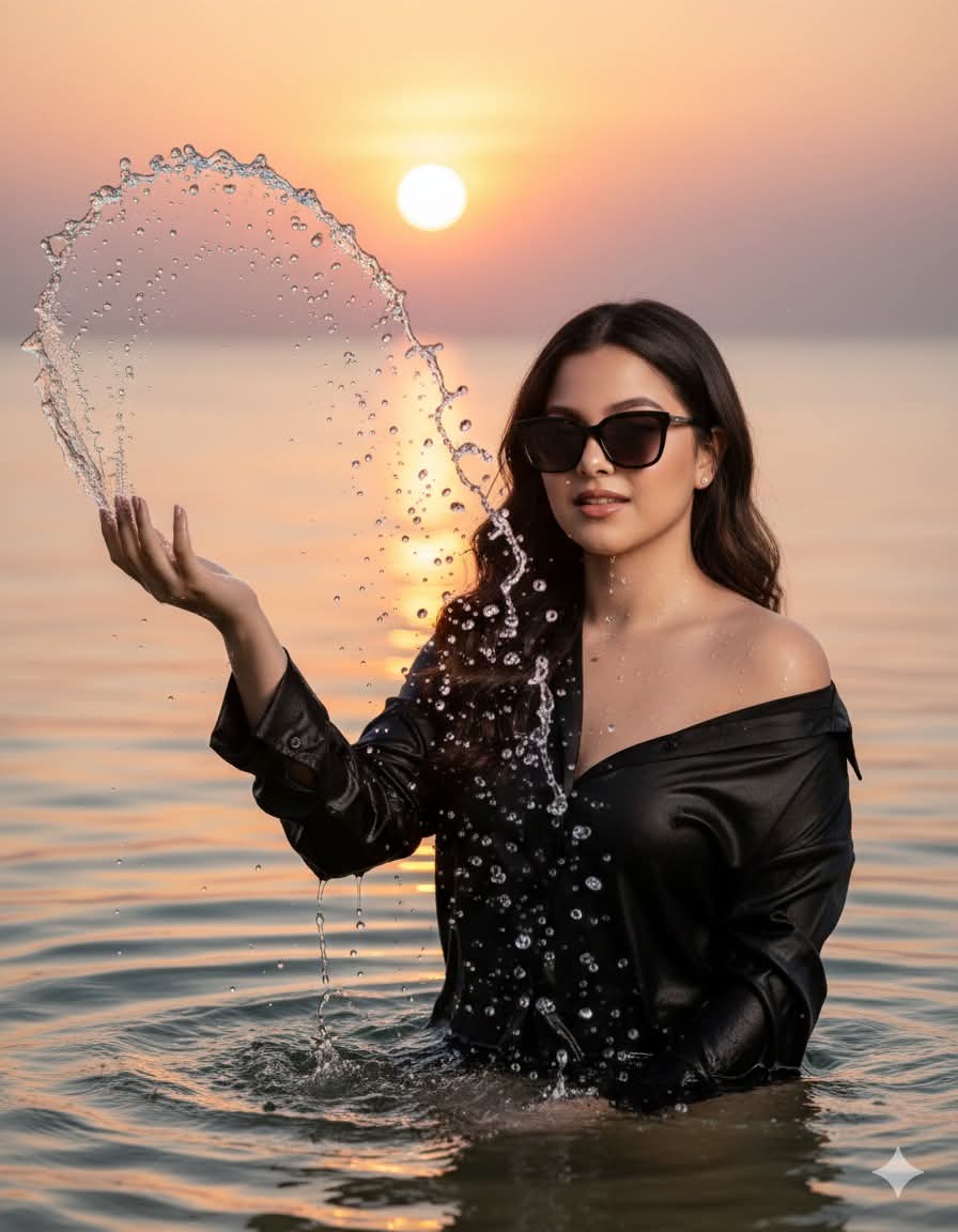Golden Hour Splash: Cinematic Portrait of Elegance
