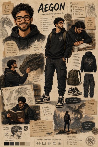 Aegon studies ancient dragon lore in a cozy dark academia sketchbook