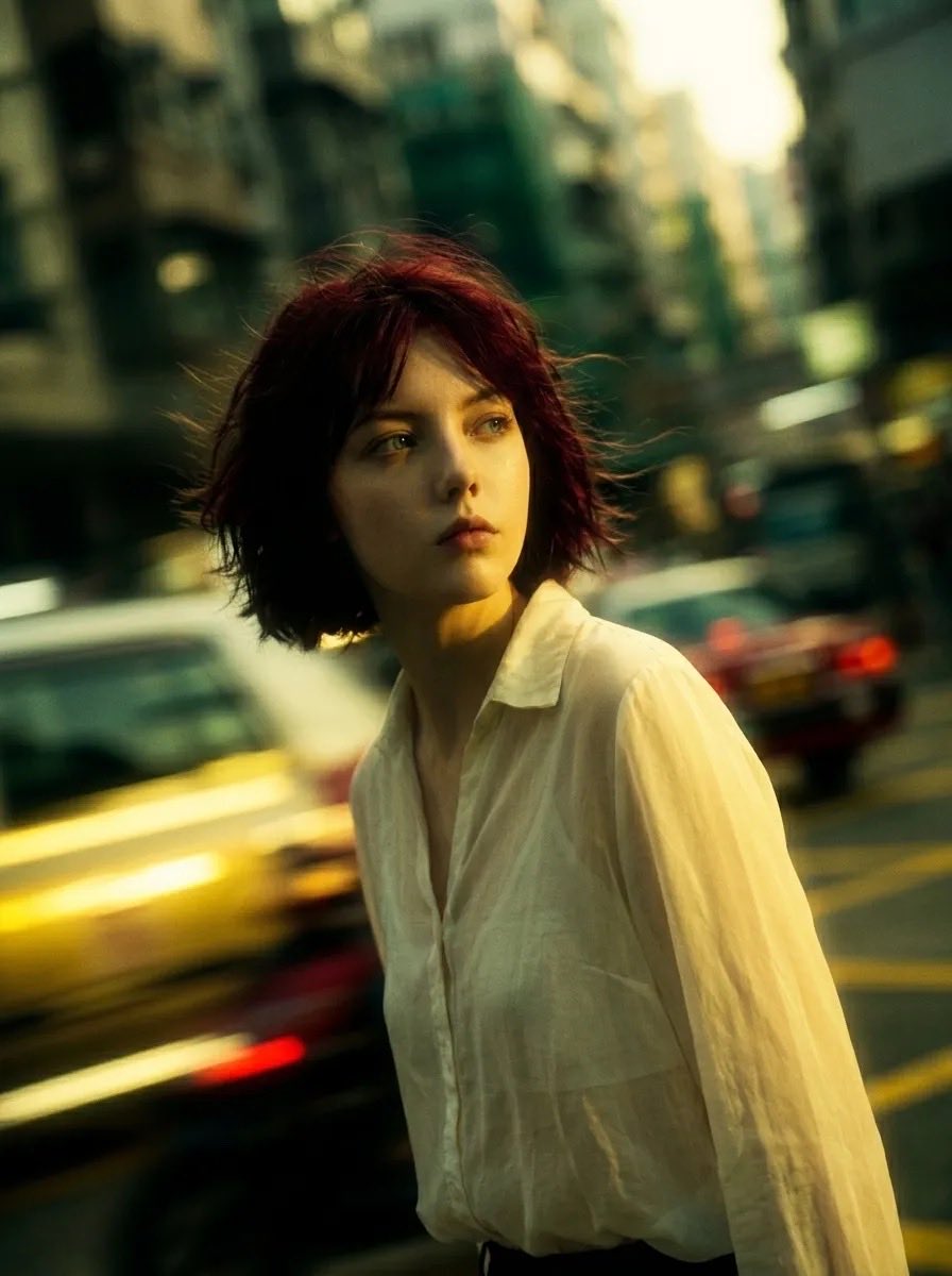 Melancholic red-haired woman stands in urban street during golden hour