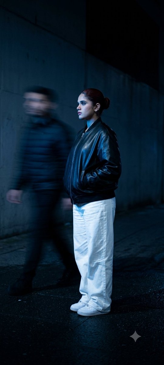 Young woman in leather jacket stares into cold blue night