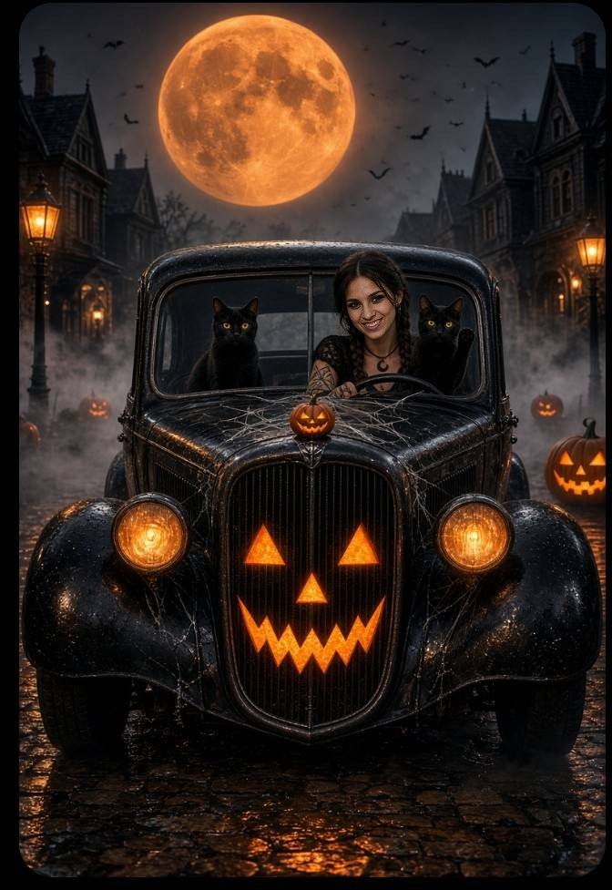 Young woman drives vintage black car with two black cats at Halloween night