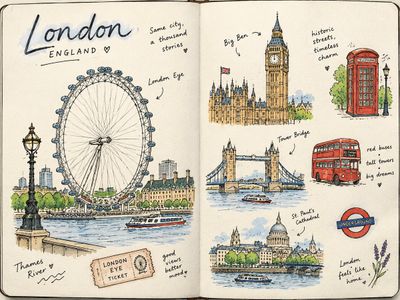Hand-drawn Paris travel journal spread with Eiffel Tower sketch