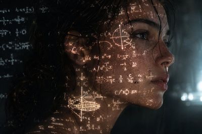A young woman's face glows with holographic mathematical formulas