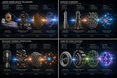 A masterclass scientific editorial reveals complex space machines in a grid