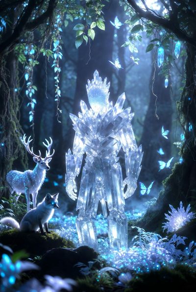 Enchanting Crystalline Golem in a Magical Forest