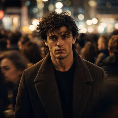 A man in an overcoat walks through a neon-lit street at night.