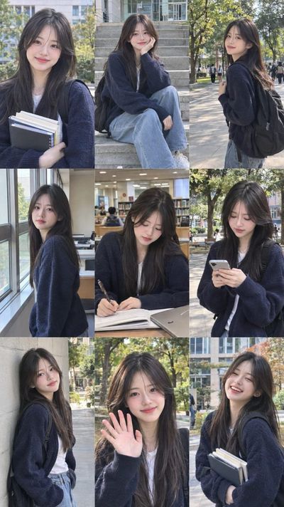 Korean student poses in nine campus scenes for photorealistic grid