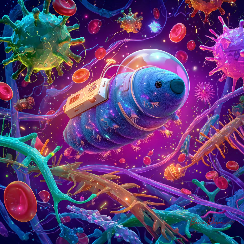 Cosmic Tardigrade Navigating a Bioluminescent Cellular Universe