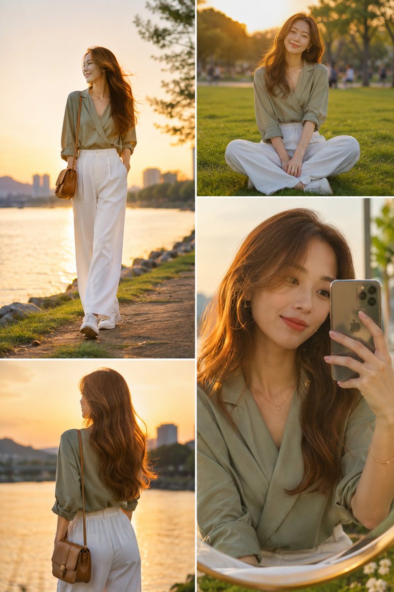 Elegant woman in sage blouse strolls park during golden hour