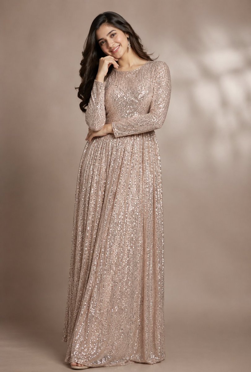 South Asian model poses in shimmering rose-gold gown under soft light.