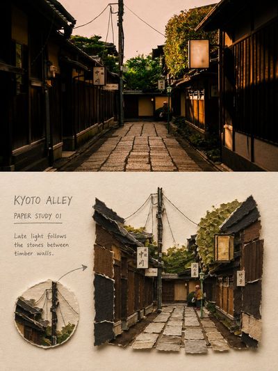 Torn paper street scene with layered walls and quiet shadows