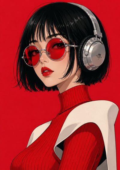 A woman with silver glasses and headphones poses in crimson studio light