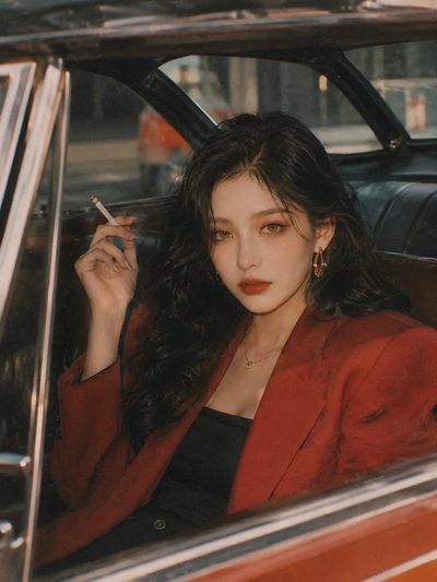 A woman in a burgundy blazer sits inside a vintage car