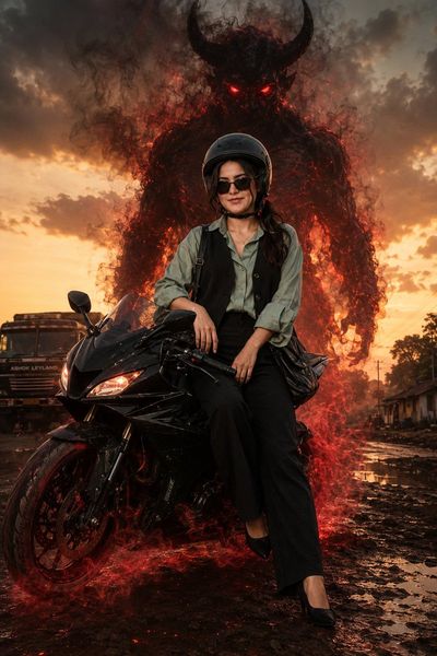 Confident girl sits on black bike with red demon shadow looming