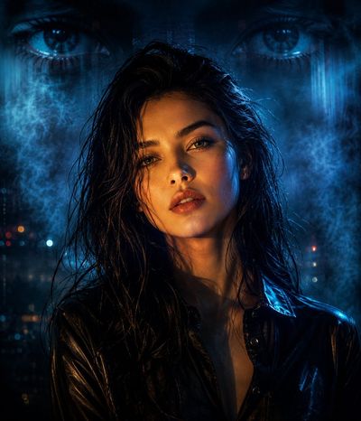Warm and cool split lighting illuminates a cyberpunk woman's face.