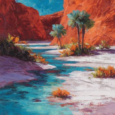 A shifting desert oasis shimmers with vibrant expressionistic colors