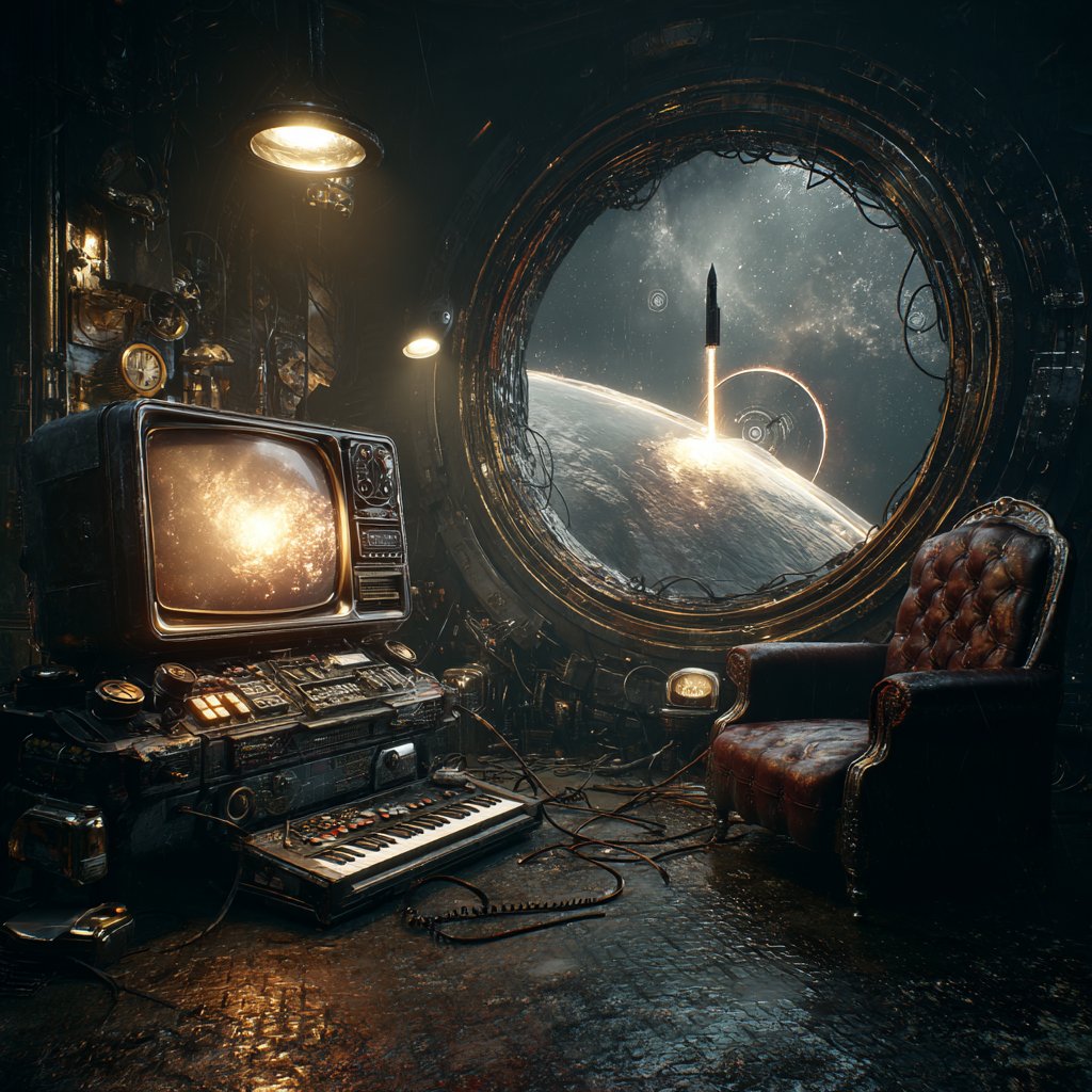 Vintage TV displays rocket launch beside armchair under ringed planet