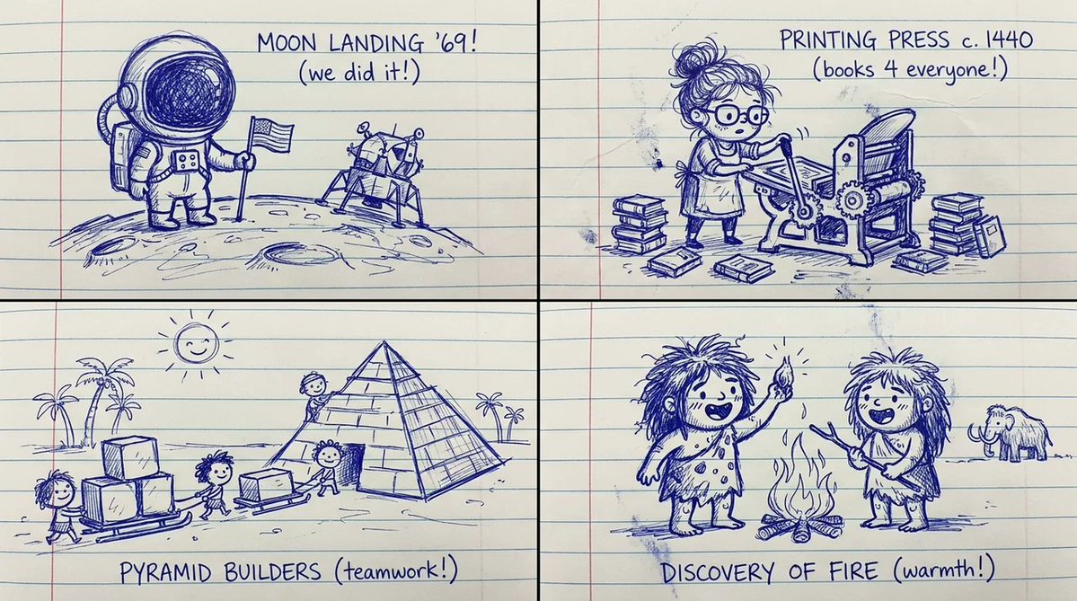 A ballpoint pen doodle of moon landing in a notebook