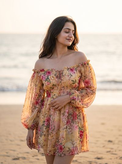 Indian woman in floral dress stands peacefully on sunset beach