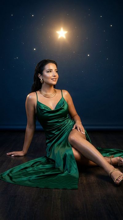 A model in an emerald gown reclines beneath a star