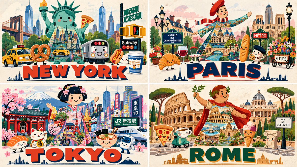 City mascot in collage costume surrounded by kawaii icons
