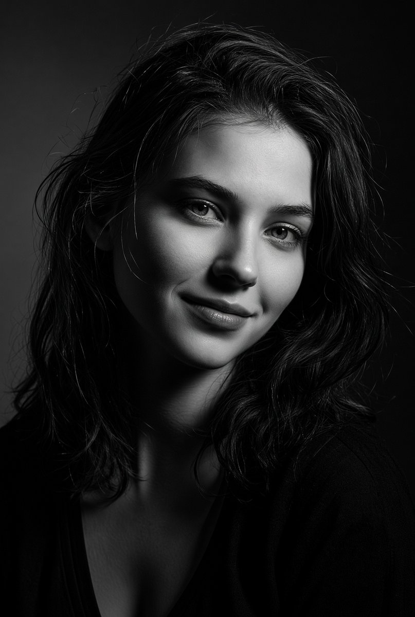 Young woman's gentle smile glows in dramatic black and white