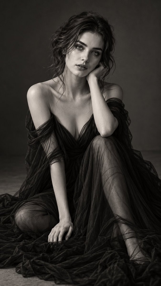 Serene woman in black chiffon gown sits in dramatic studio light