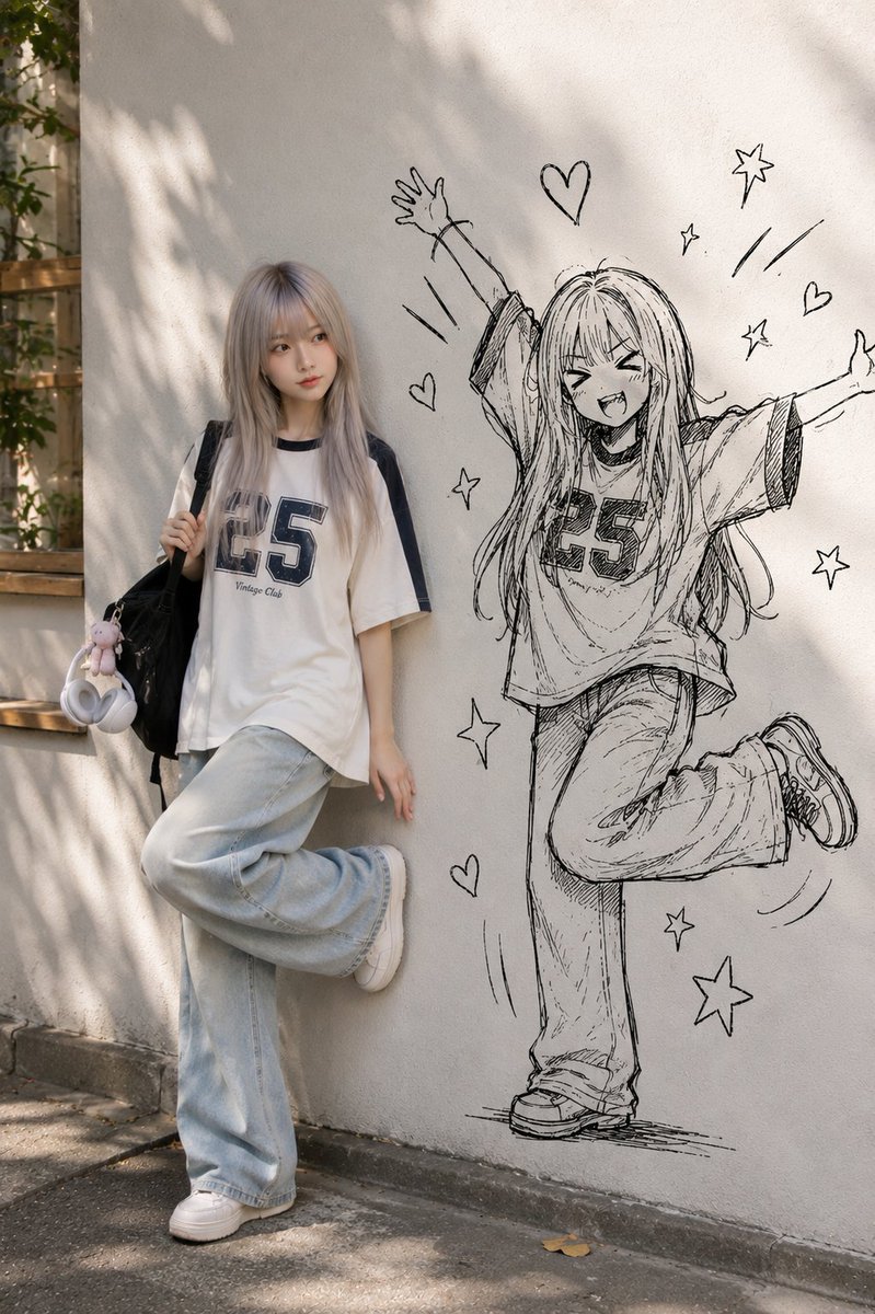 A person stands beside their chaotic ink twin on a wall