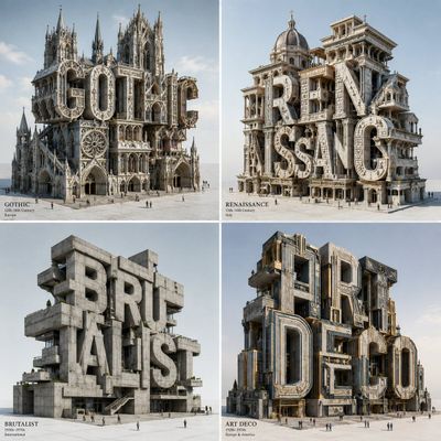 Gothic spires and buttresses stack into a precarious letter tower
