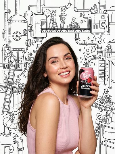 Ana de Armas with Dr Pepper in a Whimsical Soda World